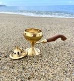 Brass Incense Burner with Wood Handle