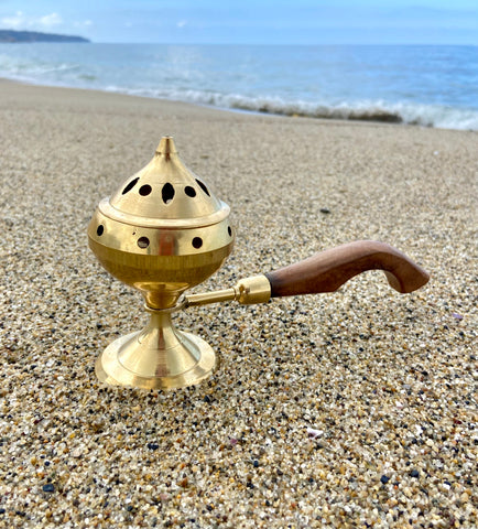 Brass Incense Burner with Wood Handle